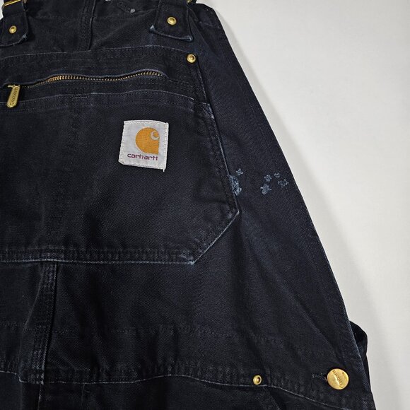 Carhartt Distressed Double Knee Workwear Men XL Black Denim Overalls - Picture 3 of 9
